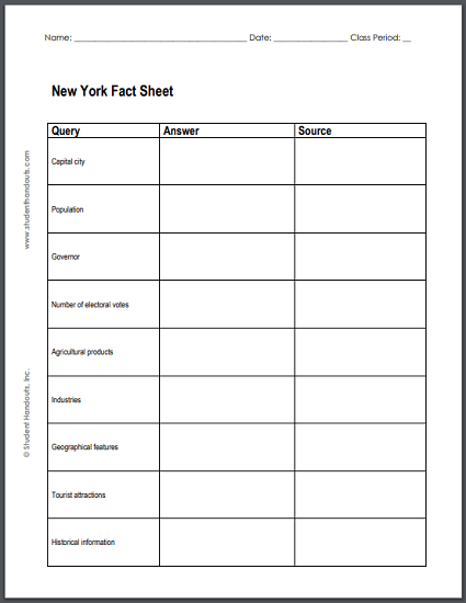 New York State Facts Worksheet - Free to print (PDF file). For grades four and up.