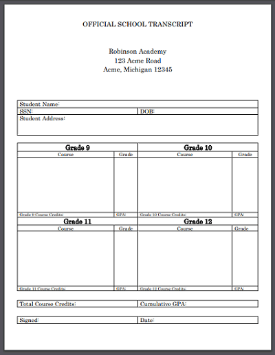 Official High School Transcript Template For Homeschool Word Or PDF