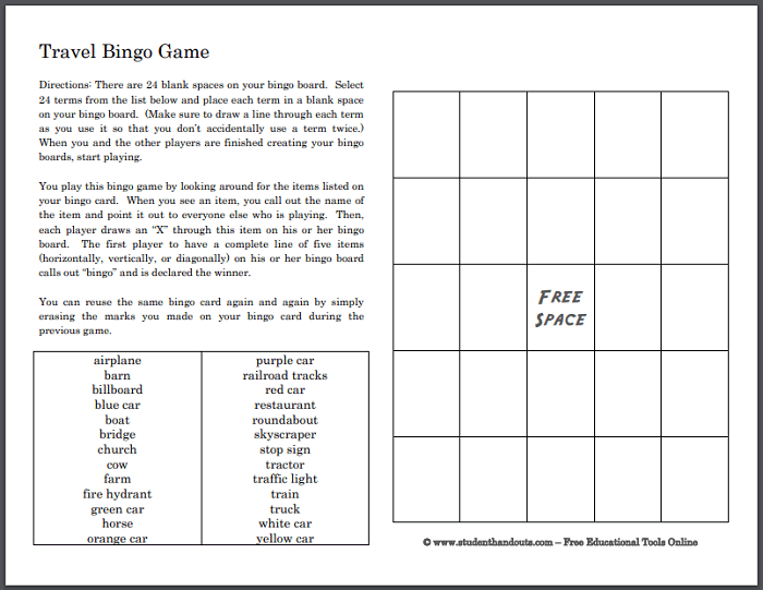 Travel Bingo Game for Kids - Great fun for the car! Free to print (PDF file).
