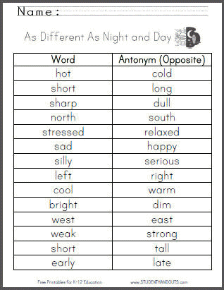 As Different As Night and Day Antonyms Worksheet Answer Key