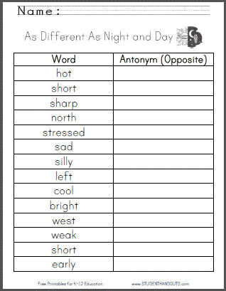 As Different As Night and Day - Antonyms Worksheet | Student Handouts