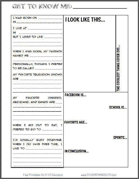 Get to Know Me Student Info Sheet