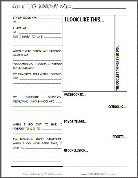 Get To Know Me Student Information Sheet Student Handouts