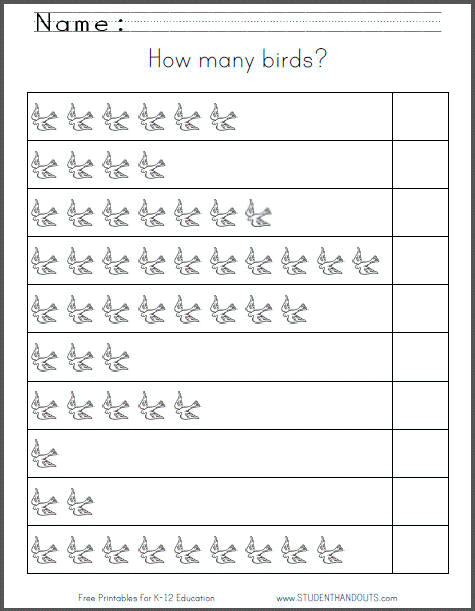 How many birds? Free printable 1-10 counting worksheet for kindergarten and first grade.