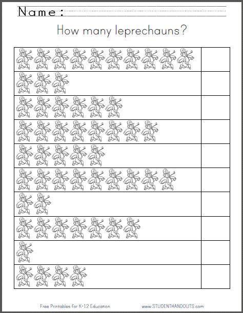 How many leprechauns? Free printable 1-10 counting worksheet for kindergarten.