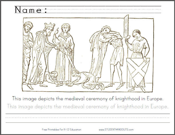 Medieval Knighthood Ceremony - Free Printable Coloring Page with Handwriting Practice