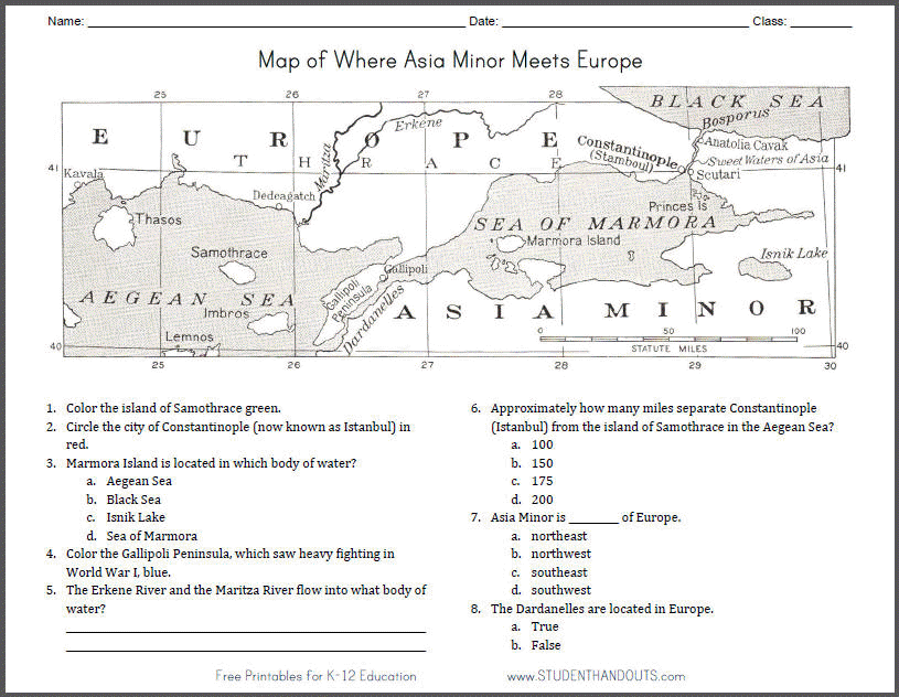 Map of Where Asia Minor Meets Europe - Worksheet for Kids