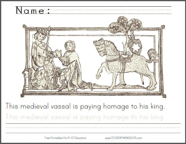Medieval Vassal Doing Homage to His Lord and King - Free Printable Coloring Page with Handwriting Practice