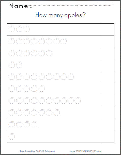 How many apples? Free printable counting worksheet for kindergarten.