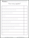 How many apples? Free printable counting worksheet for kindergarten.