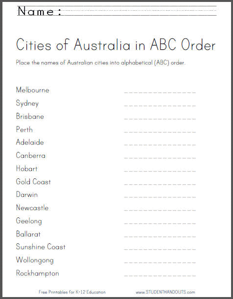Put Australia's cities into ABC order - free printable worksheet for kids.