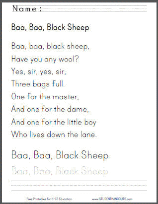 Baa Baa Black Sheep Nursery Rhyme - Free printable worksheets (PDF files).