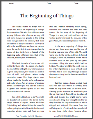 The Beginning of Things - Norse Mythology Informational Text for Kids - Free to print (PDF file).