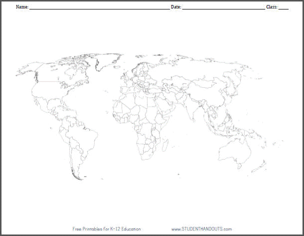 Blank Outline World Map Worksheet Student Handouts