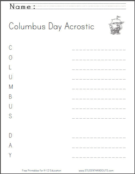 Columbus Day Acrostic Poem - Free Printable Worksheet for Kids