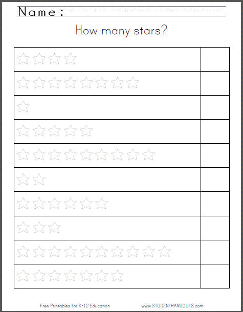 How many stars? Free printable kindergarten math worksheet.