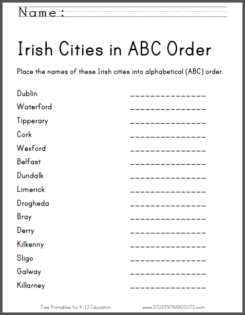 Irish Cities in ABC Order - Free Printable Worksheet (PDF File)
