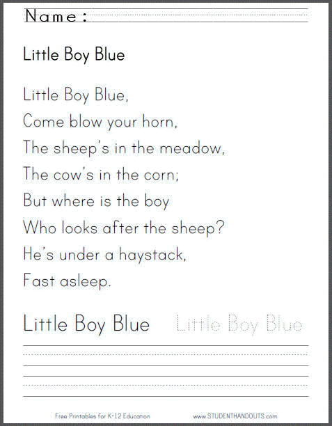 Little Boy Blue - Free Printable Worksheets for Kids