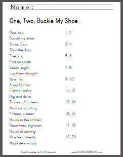 One, Two, Buckle My Shoe - Free Printable Nursery Rhyme Worksheets