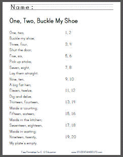 Worksheets are free to print (PDF files). "One, Two, Buckle My Shoe" is a great nursery rhyme for combining beginning spelling and math. Kids practice counting to twenty while seeing the numbers written.