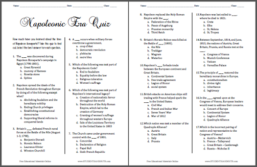 Napoleonic Era Printable Pop Quiz