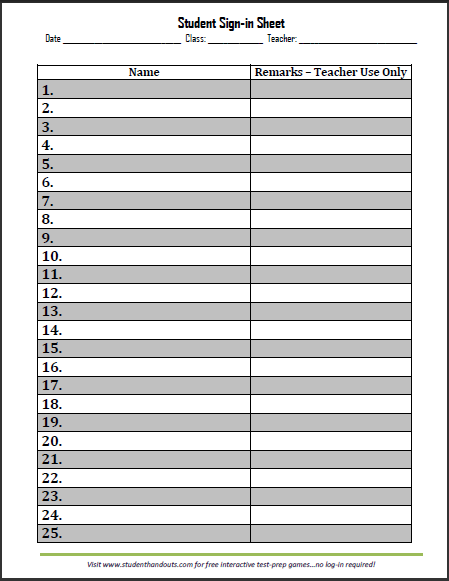 student attendance sign in sheet with 25 rows student handouts