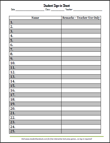 Student Attendance Sign in Sheet With 25 Rows Student Handouts