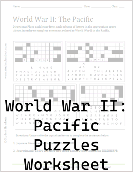 World War II in the Pacific Puzzles Worksheet - Free to print (PDF file) for high school United States History students.