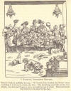 A banquet, sixteenth (16th) century.  From a woodcut published in 1549.  The feasters have reached the dessert course consisting of sweetmeats, fruits, and wine.  The furnishings and table service were simple; one used one's fingers or one's own knife instead of a fork.  Bones and scraps were thrown to the floor for the dogs.