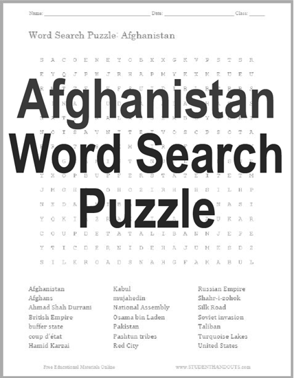 Afghanistan Word Search Puzzle - Free to print (PDF file).