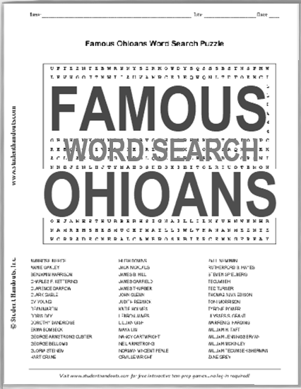 Famous Ohioans Word Search - Free to print (PDF file).