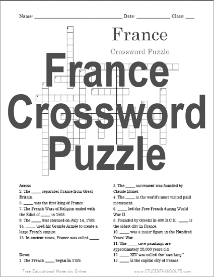 France Crossword Puzzle - Free to print (PDF file).