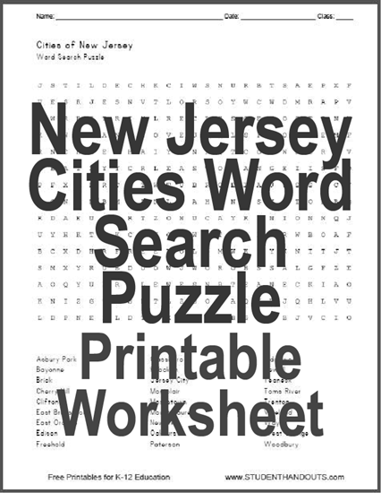 Cities of New Jersey State - Free Printable Word Search Puzzle Worksheet for Kids