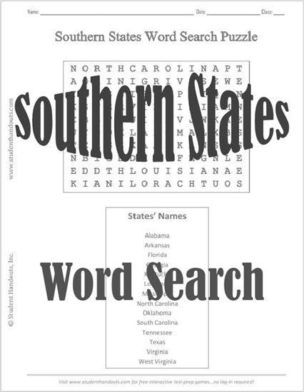 Southern U.S. States Word Search Puzzle Worksheet