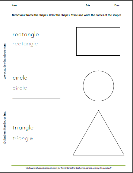 Printable Shapes Spelling and Handwriting Worksheet - Rectangle, Circle, Triangle - Free worksheet to print (PDF file).