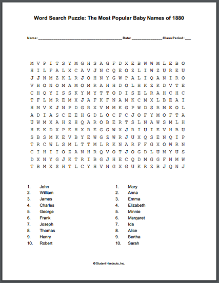 Most Popular American Baby Names of 1880 Word Search