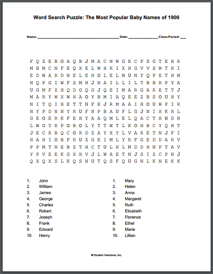 Most Popular Baby Names of 1900 Word Search Puzzle