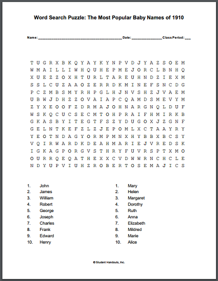 Most Popular Baby Names of 1910 Word Search Puzzle