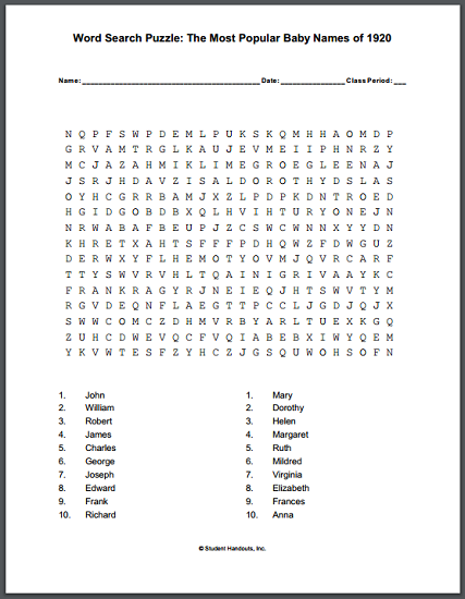 Most Popular Baby Names of 1920 Word Search Puzzle