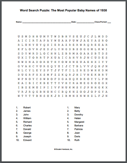 Most Popular Baby Names of 1930 Word Search Puzzle