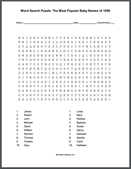 Most Popular Baby Names of 1950 Word Search Puzzle