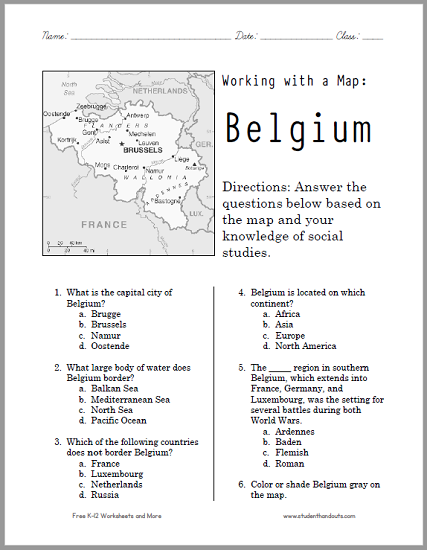 Belgium Map Worksheet - Free to print (PDF file).