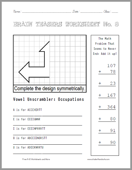 Brain Teasers Worksheet #8 | Student Handouts