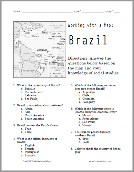 Brazil Map Worksheet - Free to print (PDF file) for World Geography students in grades five through twelve.