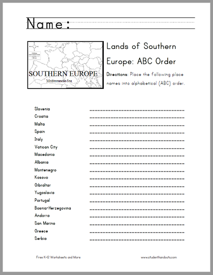 Southern European Countries in Alphabetical Order Worksheet - Free to Print