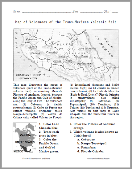 Map of Volcanoes of the Trans-Mexican Volcanic Belt Worksheet - Free to print (PDF file).