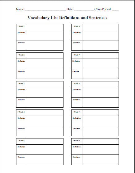 Blank Vocabulary Terms Sheet Student Handouts