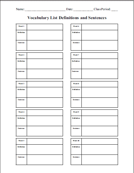 Blank Vocabulary Template