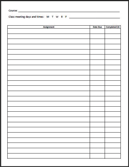 High School Homework Chart