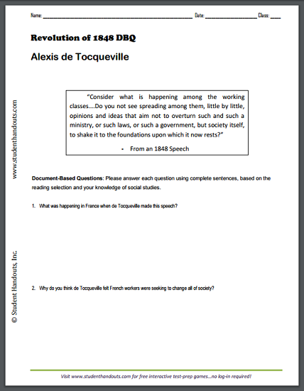 Revolution of 1848 - Alexis de Tocqueville - DBQ woeksheet. Free to print (PDF file).